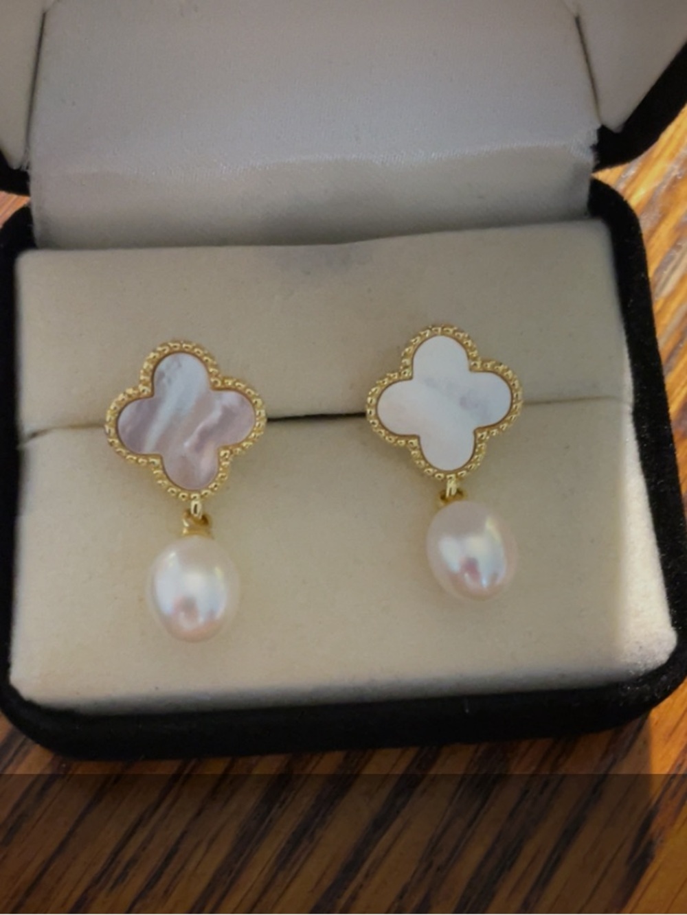 Gold Plated Mother of Pearl and Pearl Clover Earrings by Najure.collective